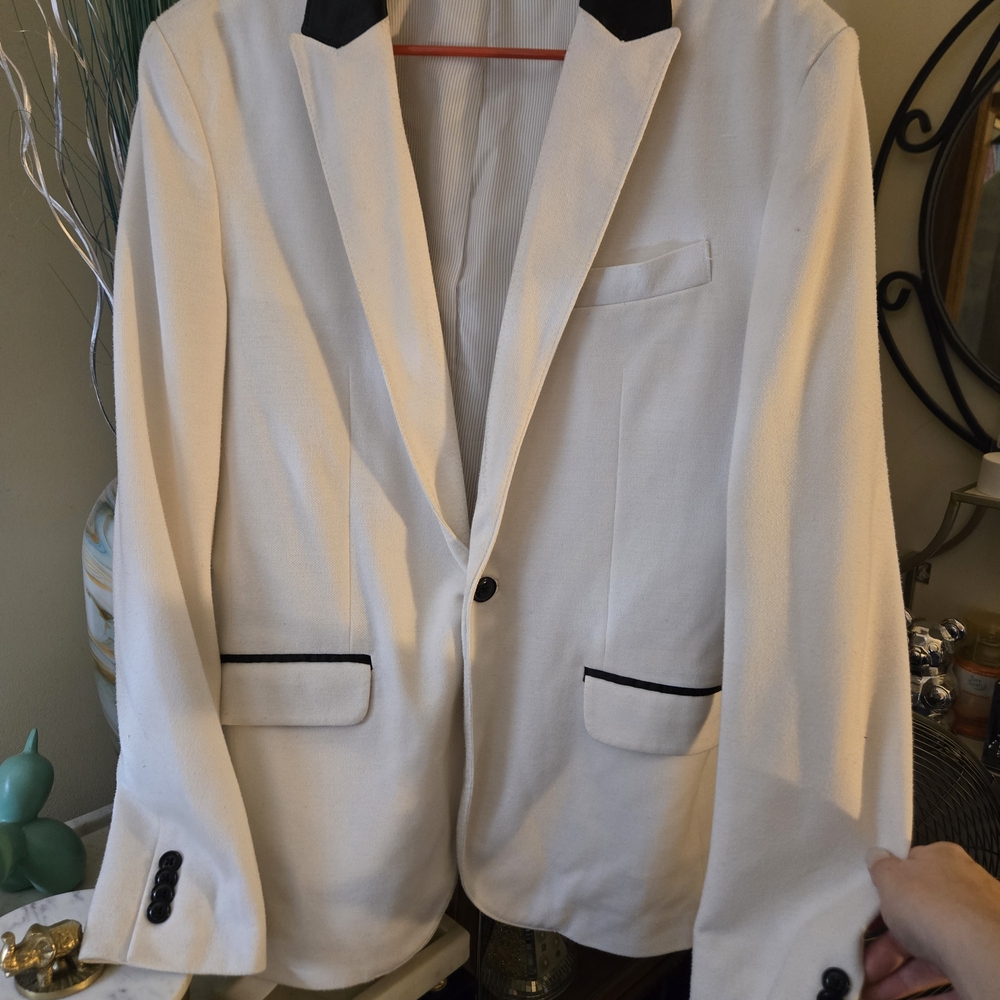 Zara Men's White Blazer with Black Accents - Size L